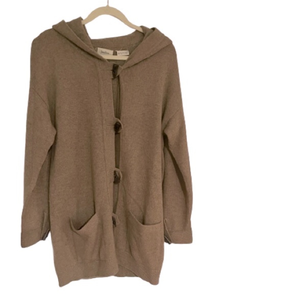 Neiman Marcus 100% Cashmere Camel Long Sweater Jacket with Hood Size M